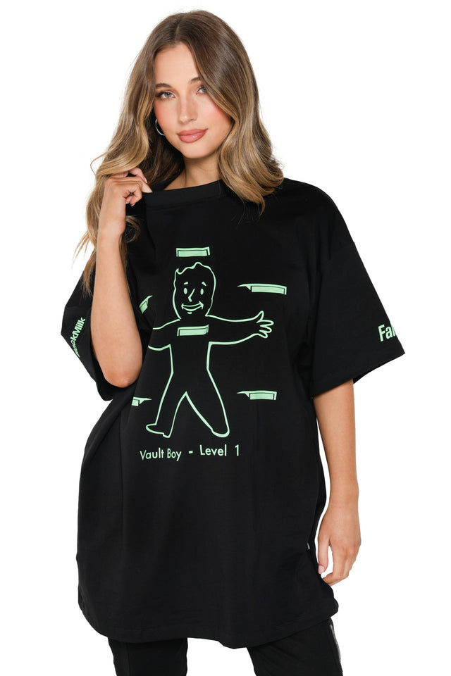 BlackMilk x Fallout HP Stats Giant Tee showing Pip-Boy interface artwork on oversized fit.