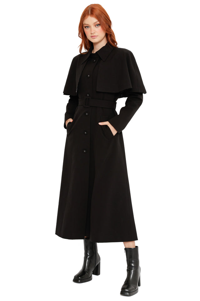 Wuthering Heights Heathcliff Trench Coat in black, a gothic 3 in 1 coat with flowing trench silhouette, lace interior lining and dark romantic aesthetic