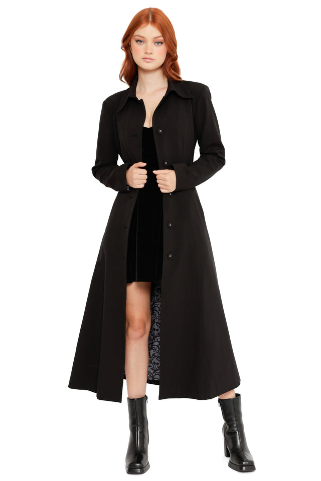 Gothic Heathcliff Trench Coat from the Wuthering Heights collection, a black 3 in 1 coat featuring dramatic lapels, lace lined interior and layered dark romantic styling