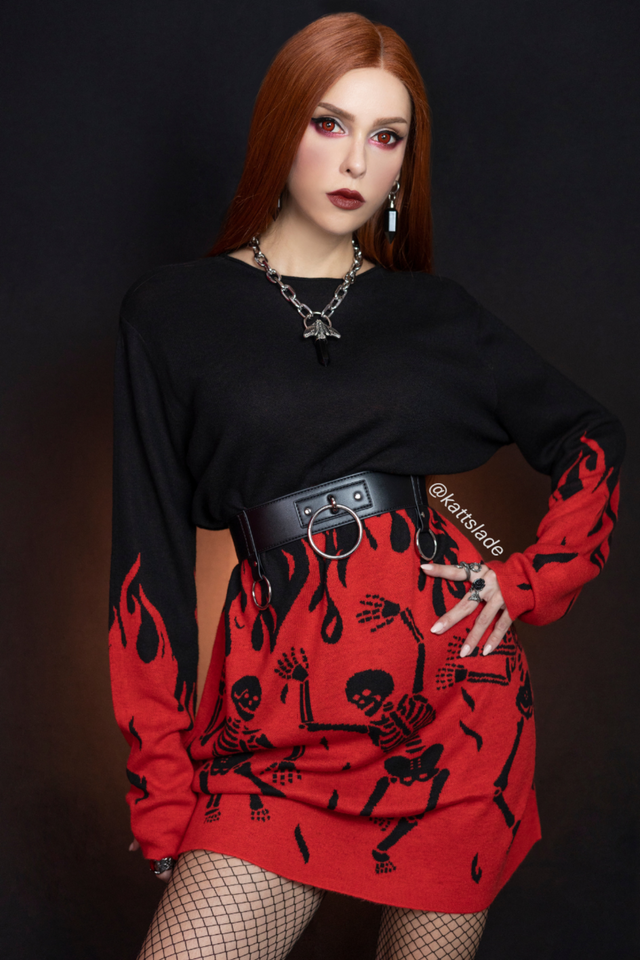 BlackMilk Clothing - Halloween Collection - Hellfire Long Sleeve Oversized Knit Longline Sweater - @kattslade