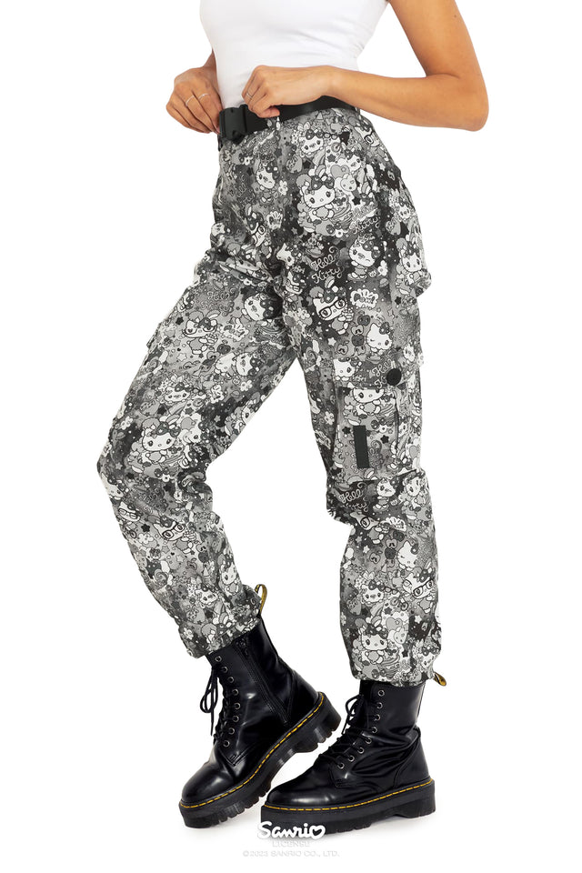 BlackMilk Clothing x Sanrio Hello Kitty - Hello Kitty Harajuku Grey Cargo Pants - Sanrio Merchandise - Collaboration apparel - Licenced.