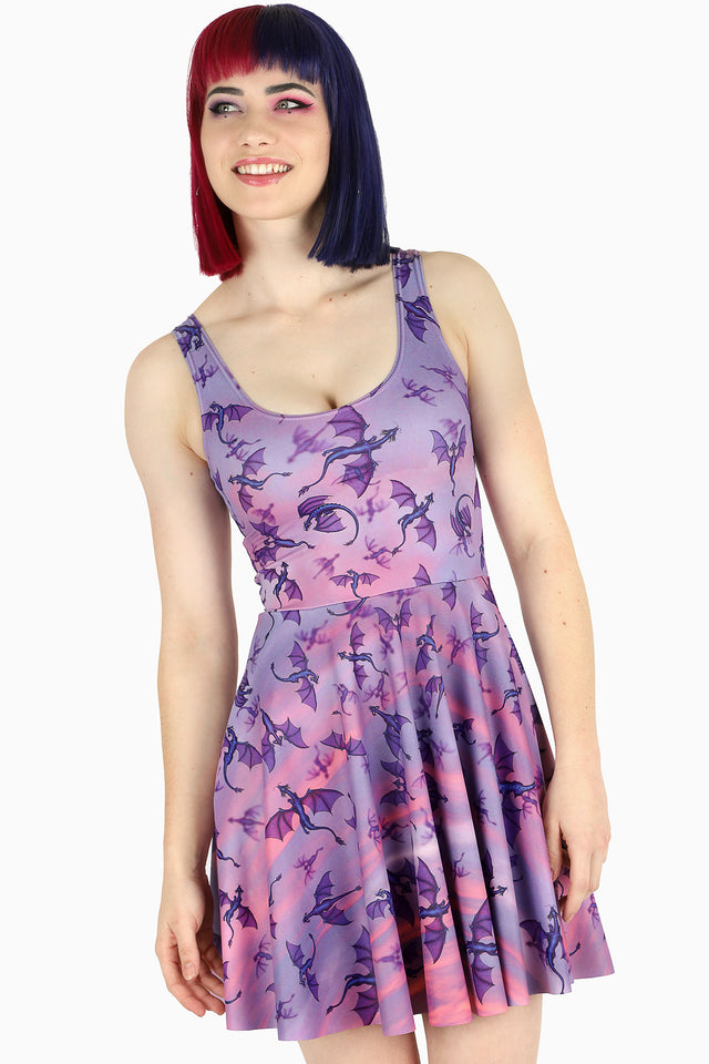 Here Be She Dragons Scoop Skater Dress by BlackMilk Clothing featuring purple gradient base with flying dragon print, scoop neckline and flared skater skirt