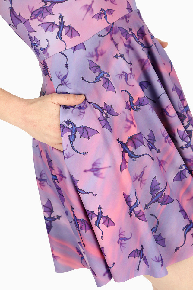 Here Be She Dragons Scoop Skater Dress with scoop neckline, fitted bodice and flared skater skirt, featuring all over dragon artwork