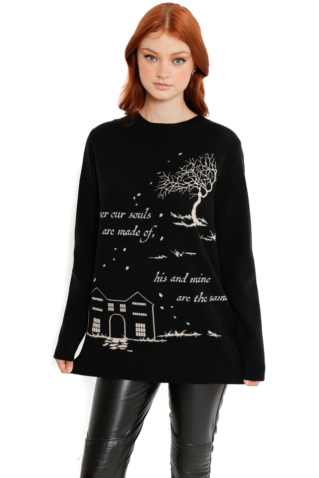 His and Mine High Neck Sweater from the Wuthering Heights collection, a gothic black knit with literary quote detailing and romantic moor inspired artwork