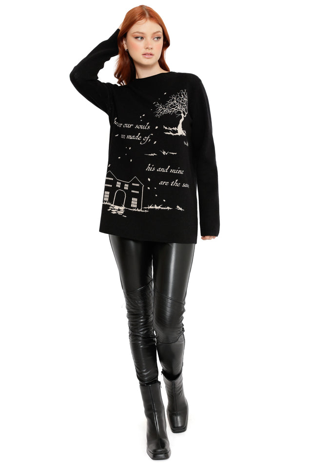 Close up of the His and Mine High Neck Sweater from the Wuthering Heights collection, showcasing black knit fabric with woven gothic text and illustrated house motif