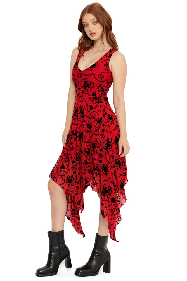 Ho Ho Horror Flocked Handkerchief Midi Dress - Limited BlackMilk Clothing Ho Ho Horror Flocked Handkerchief Midi Dress - Limited BlackMilk Clothing