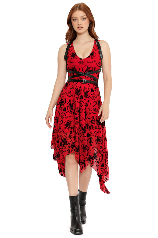 red and black christmas dress with horror print and handkerchief hem