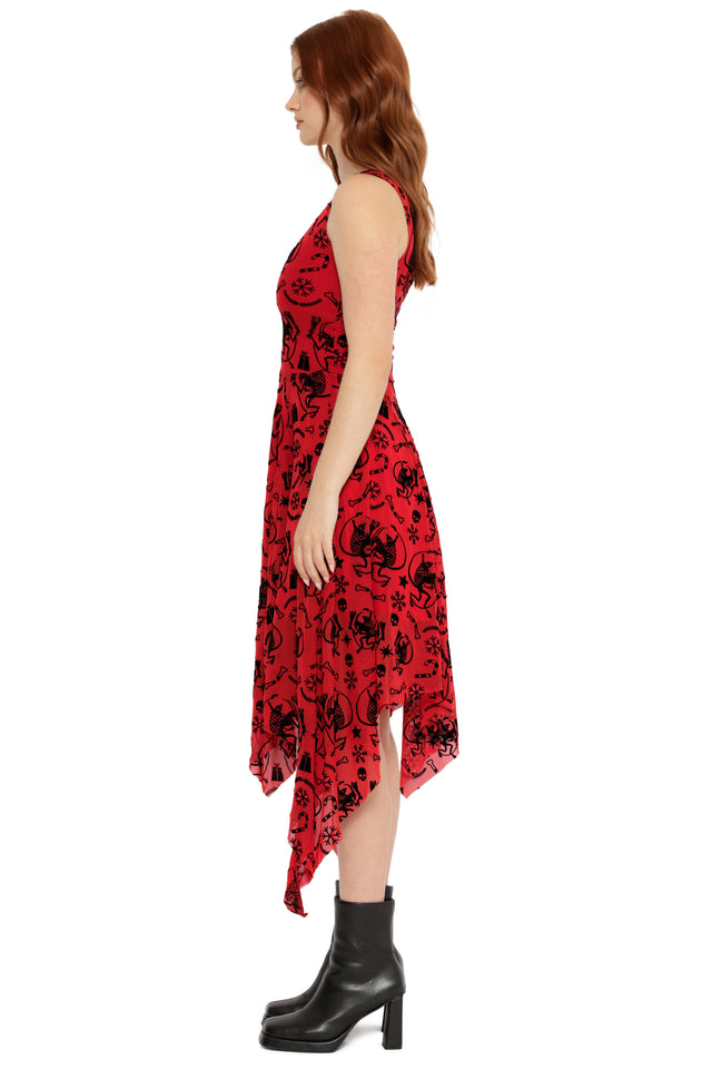 red festive midi dress with black flocked krampus print