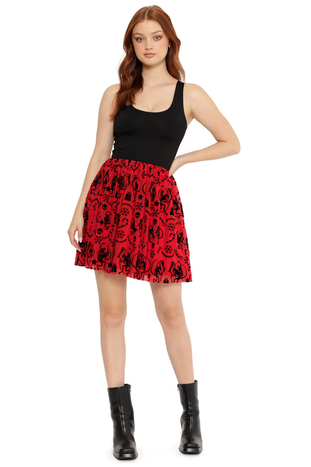 red and black reversible christmas dress with horror flocked print