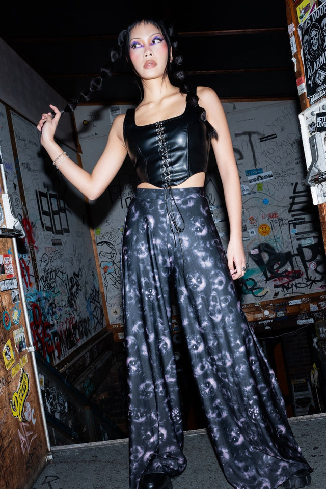 BlackMilk Horror Bound Palazzo Pants – grey trapped-souls print high-waisted wide-leg Halloween palazzo pants, part of the BlackMilk Clothing Halloween collection