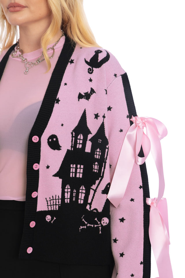 House Of Haunts Cropped Bow Cardigan