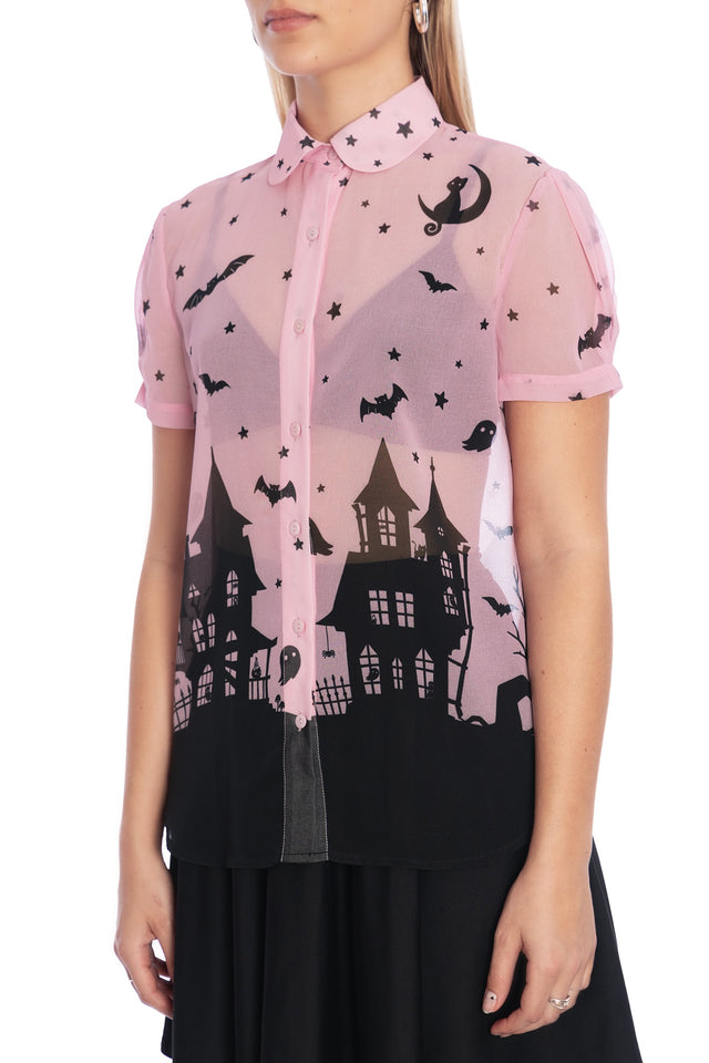 House Of Haunts Puff Sleeve Cute As A Button Shirt