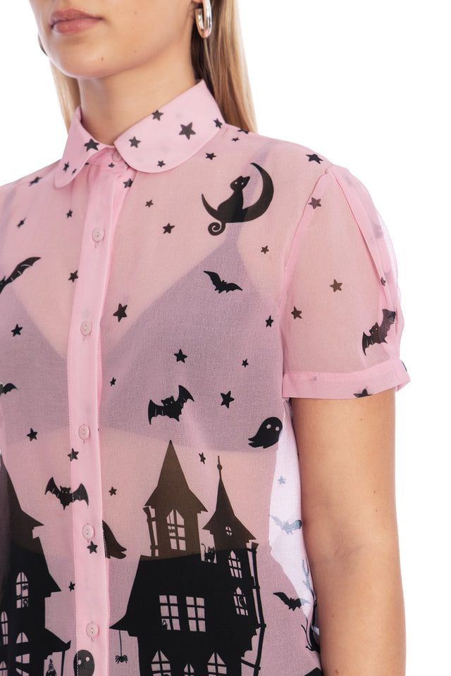 House Of Haunts Puff Sleeve Cute As A Button Shirt