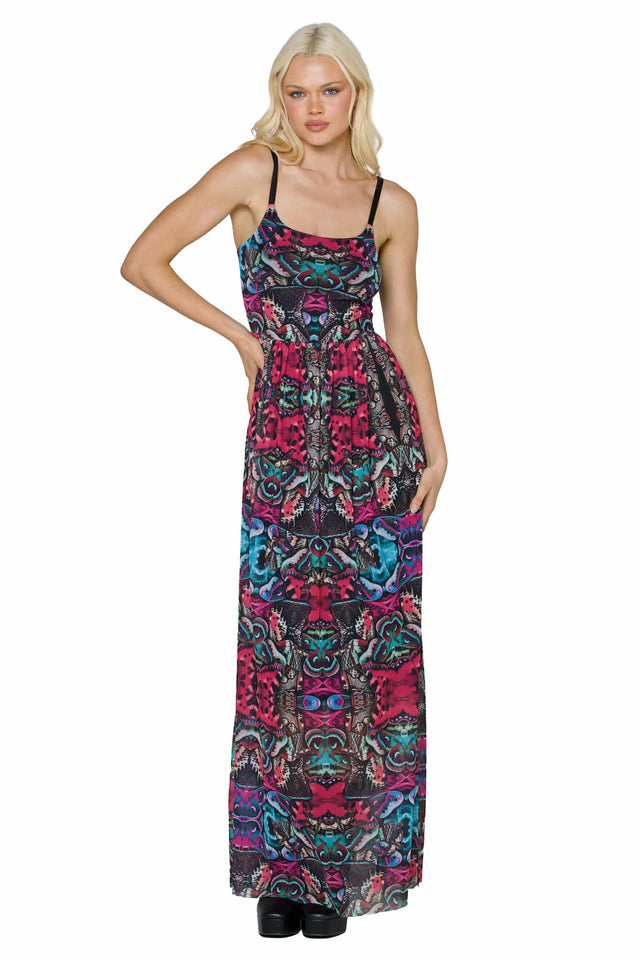 Hyper Moth Scoop Sheer Maxi Dress