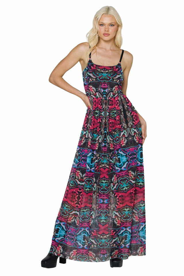 Hyper Moth Scoop Sheer Maxi Dress