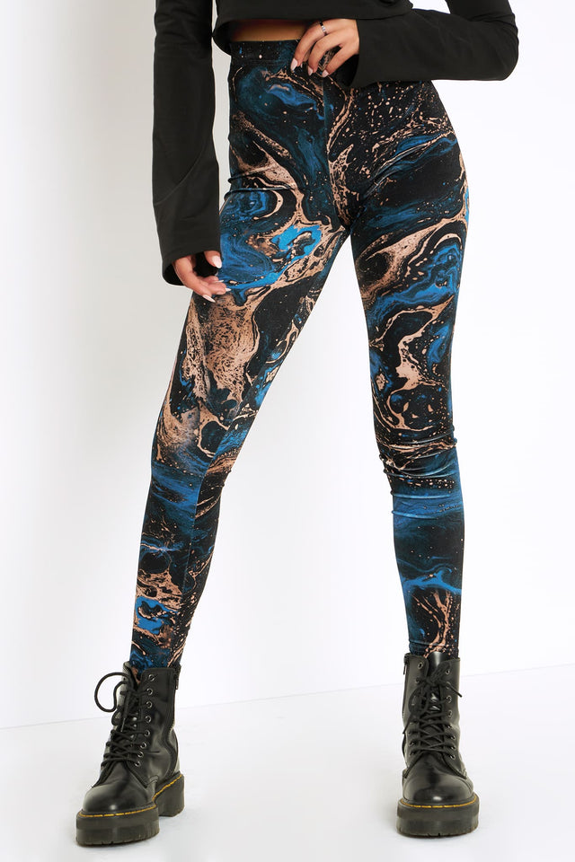 I Bleed Minerals Velvet High Waisted Leggings with high rise waistband and fitted leg, featuring multicolour abstract mineral print on velvet fabric