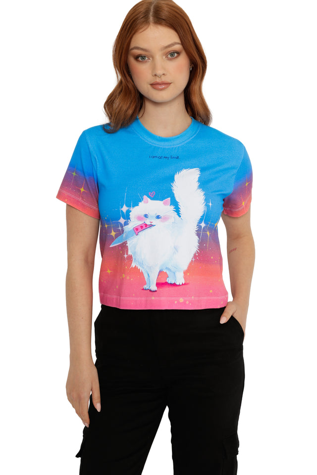 Person wearing a colorful t-shirt with a cartoon cat design on a white background