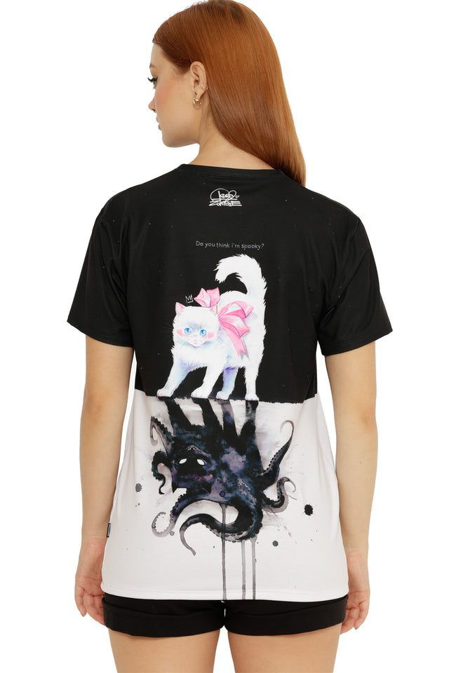 Boyfriend-style tee from the Lora Zombie collection showcasing contrasting black and white tones with expressive artwork.