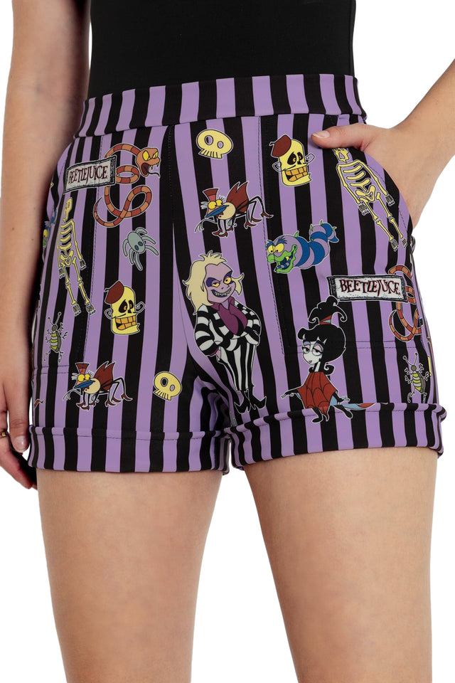 BlackMilk Clothing x Warner Brothers Beetlejuice - It's Showtime Cuffed Shorts- Warner Bros. Merchandise - Collaboration apparel - Licenced.