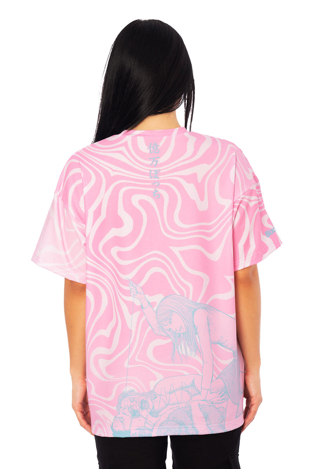 Junji Ito oversized graphic t-shirt inspired by Venus in the Blind Spot, pink marbled Big Tee with blue horror illustration artwork.