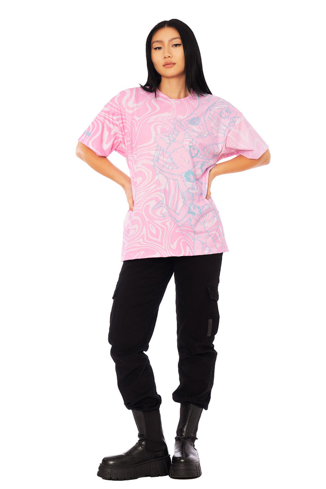 Japanese horror fashion oversized tee inspired by Junji Ito Venus in the Blind Spot, pink and blue graphic streetwear t-shirt.