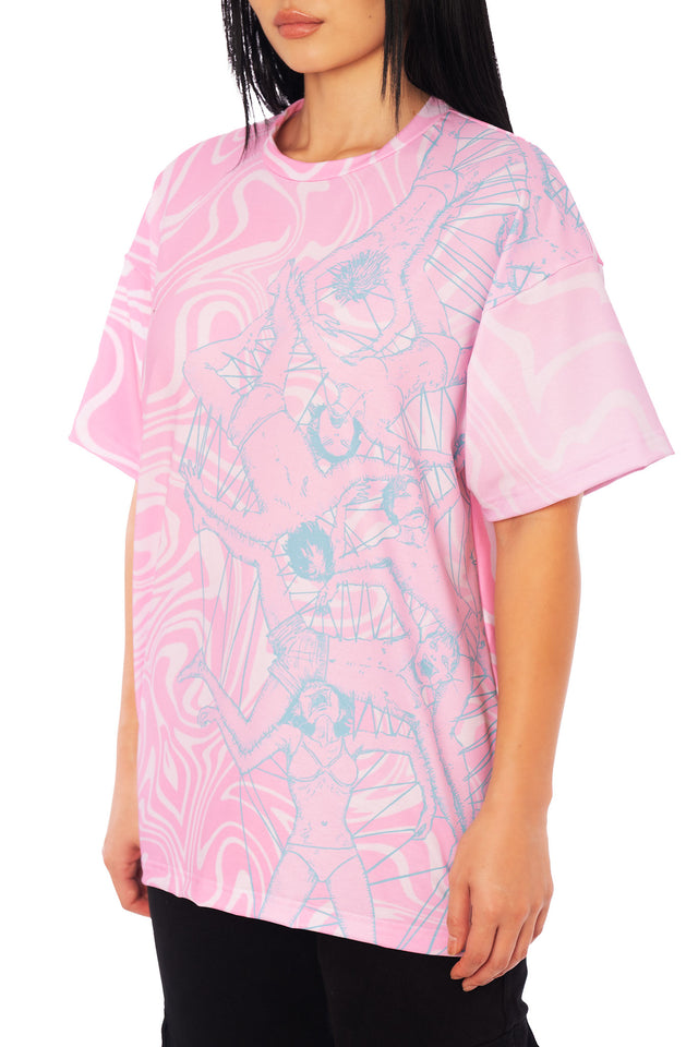 Alternative pink oversized tee featuring Junji Ito Venus in the Blind Spot artwork, manga-inspired graphic t-shirt in relaxed unisex fit.