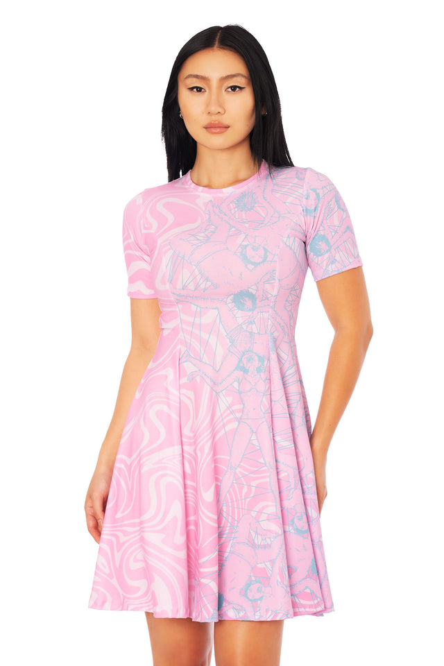 Junji Ito x BlackMilk All Together longline evil tee dress, pink Venus in the Blind Spot graphic tee dress with crew neckline, short sleeves and fit and flare silhouette.