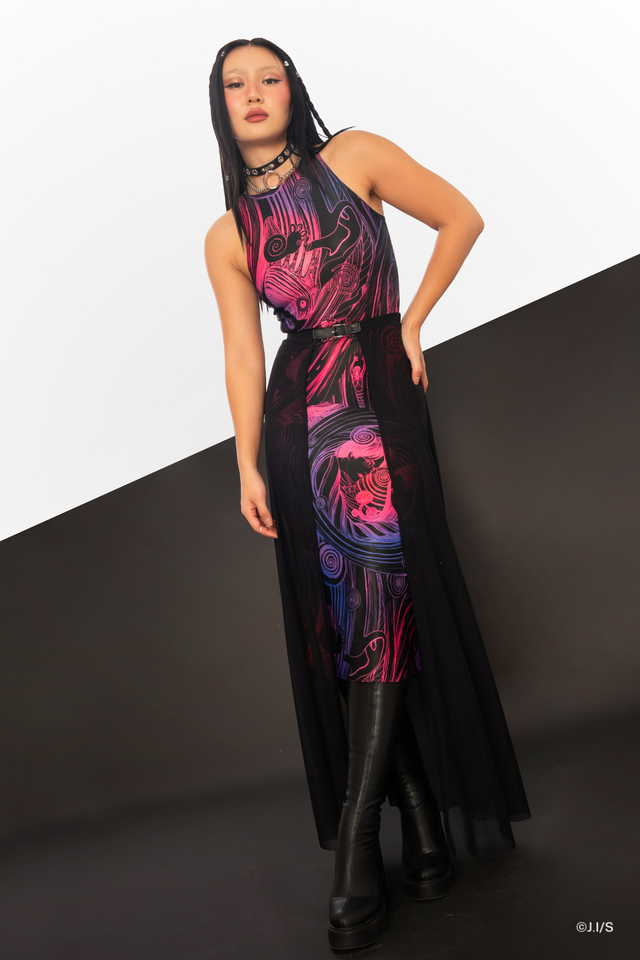 Junji Ito x BlackMilk Coiling Chapters racer bodycon dress, pink and violet Uzumaki spiral print midi dress with fitted silhouette and racer tank neckline.