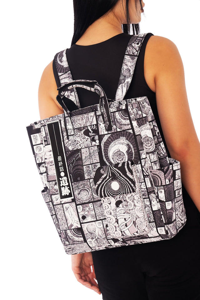 Junji Ito x BlackMilk Completion Comic Art satchel bag inspired by Uzumaki, structured black and white manga panel collage handbag in Japanese horror streetwear style.