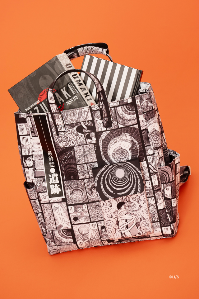 Junji Ito anime satchel bag featuring Completion Comic Uzumaki panels, structured black and white manga collage accessory in Japanese streetwear aesthetic.