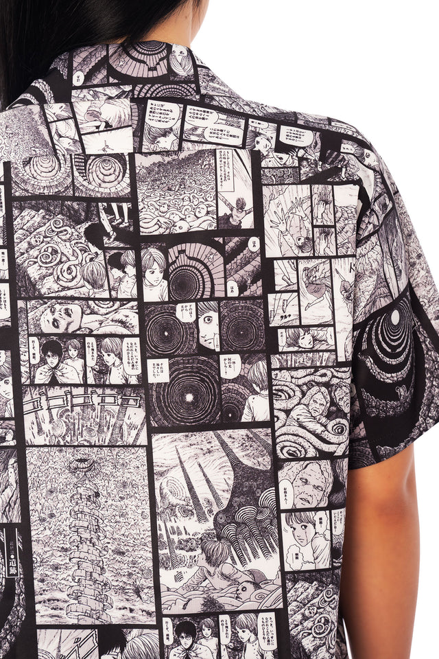 Junji Ito x BlackMilk anime button-up shirt featuring Completion Comic manga panel artwork in monochrome black and white street fashion.