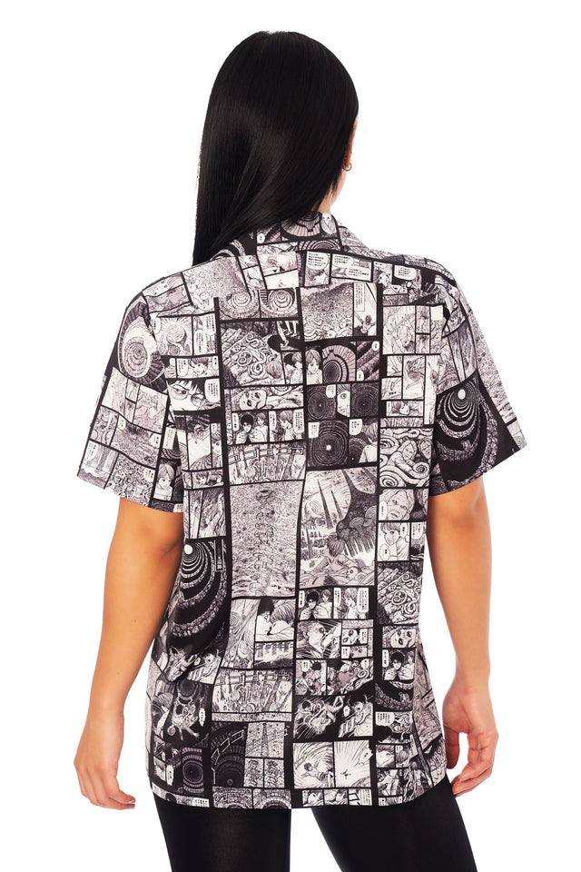 Japanese horror manga bowling shirt inspired by Junji Ito Uzumaki, black and white comic print button-up in streetwear style.