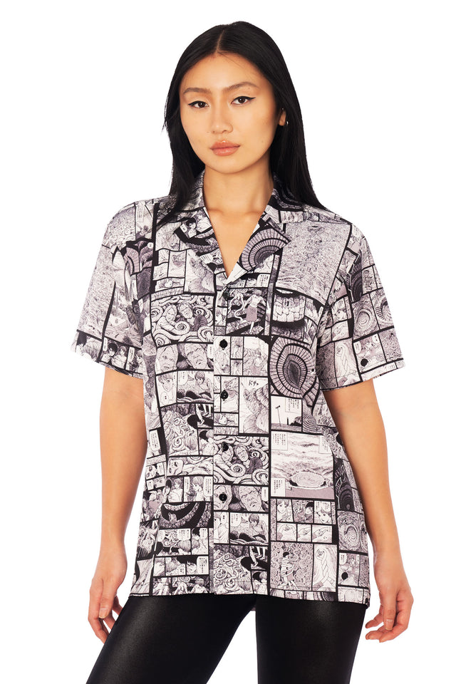 Junji Ito x BlackMilk Completion Comic bowling shirt featuring black and white Uzumaki manga panels, short sleeve anime button-up in Japanese horror streetwear style.