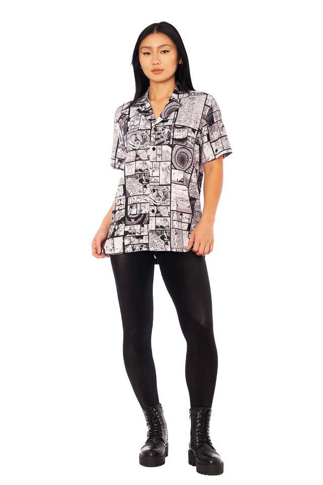 Uzumaki manga print bowling shirt from the Junji Ito x BlackMilk collaboration, black and white comic panel button-up in alternative gothic street fashion.