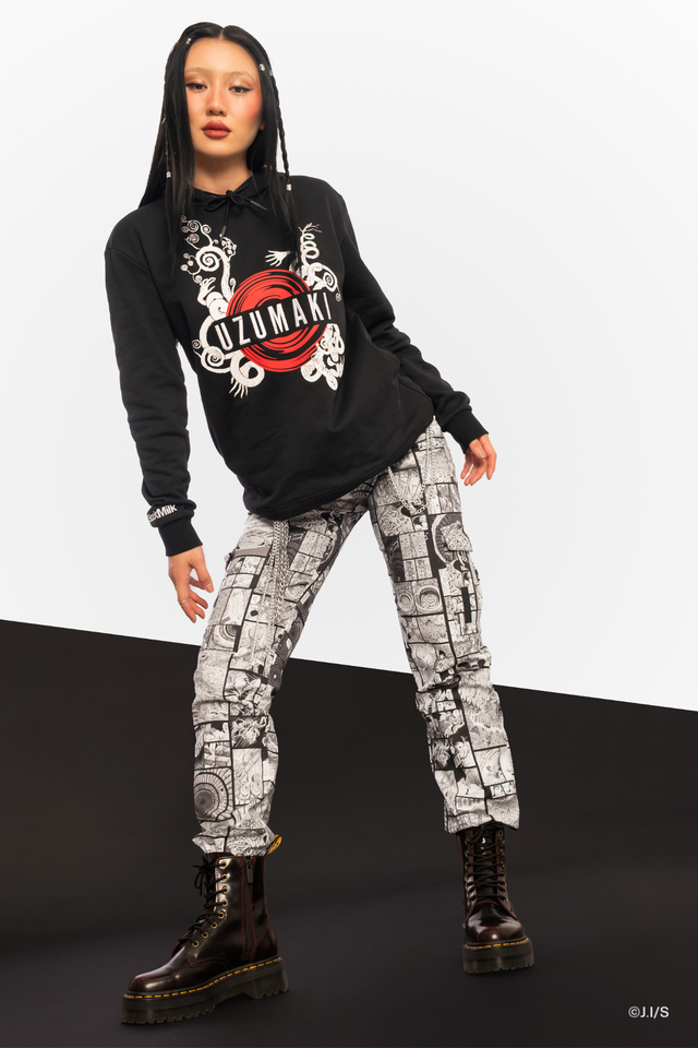 Junji Ito x BlackMilk spiral hoodie sweater in soft cotton French terry, relaxed unisex pullover featuring Uzumaki logo graphic and statement red centre design.