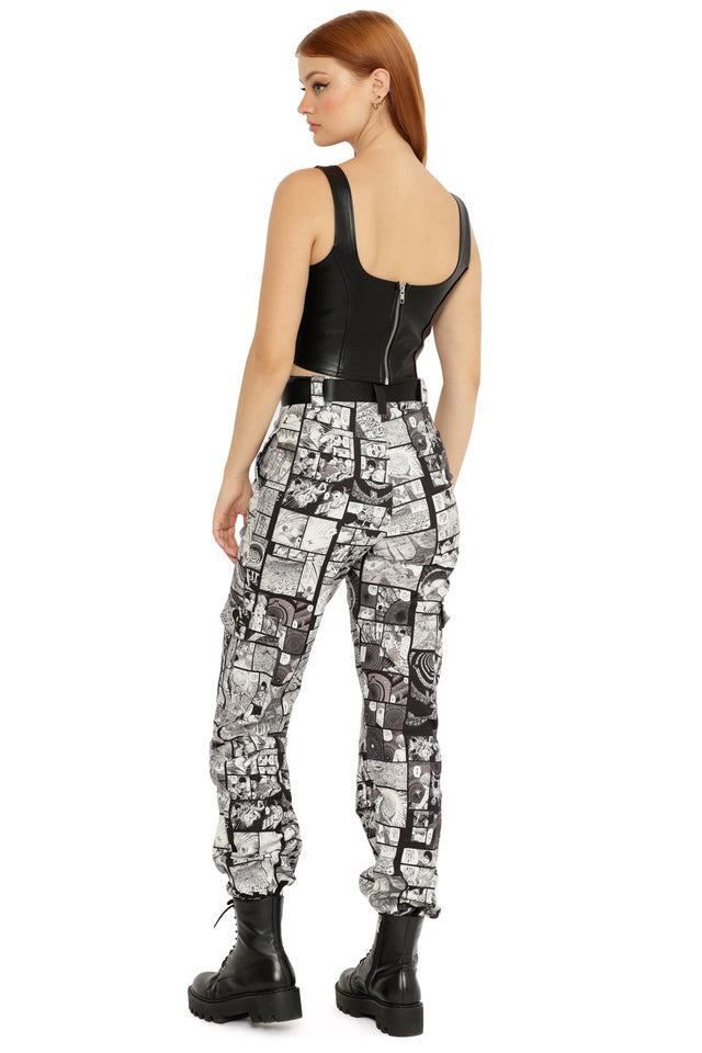Junji Ito Uzumaki graphic cargo trousers for women, monochrome manga panel print high waisted utility pants with relaxed straight leg silhouette and adjustable ankle cinching.
