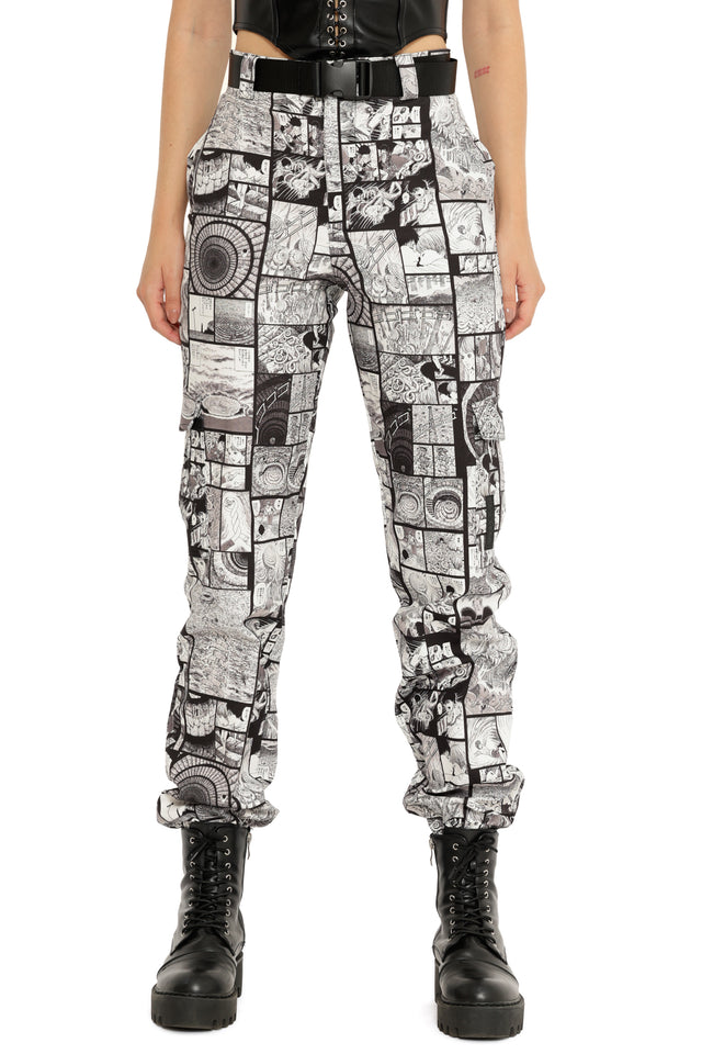 Anime streetwear cargo pants from Junji Ito x BlackMilk, women’s high waisted comic panel trousers in monochrome black and white with relaxed straight leg cut.