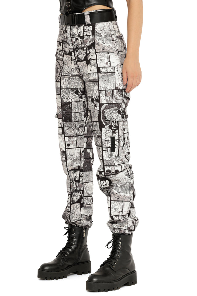 Uzumaki inspired women’s cargo pants featuring all-over manga artwork, high waisted utility trousers with removable belt and straight relaxed fit.