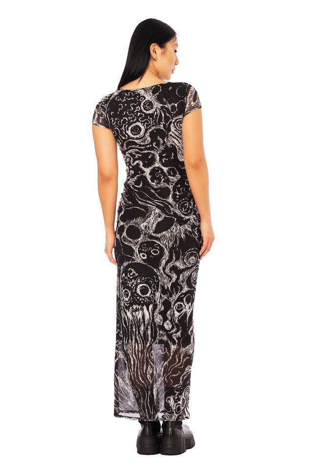 Japanese horror fashion maxi dress inspired by Junji Ito Gyo, sheer black and white mesh column dress featuring drifting death stench artwork.