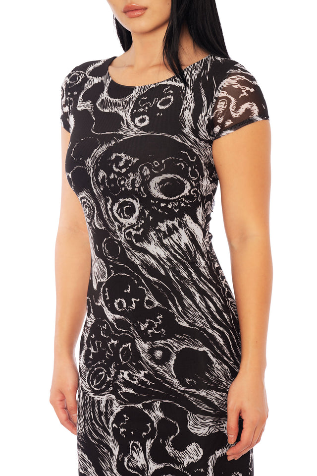 Junji Ito x BlackMilk anime maxi dress with all-over Gyo print, sheer short sleeve column silhouette in gothic alternative streetwear aesthetic.