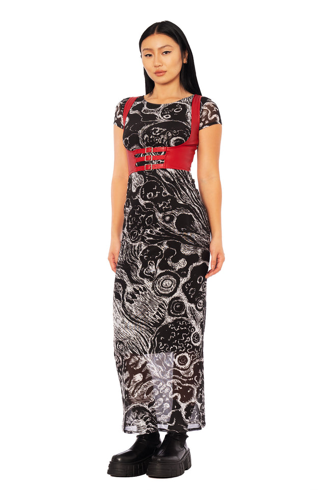 Monochrome manga print sheer maxi dress inspired by Junji Ito Gyo, fitted column shape with flowing death stench horror artwork.