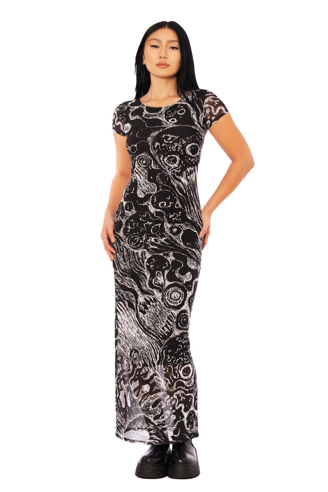 Gyo-inspired sheer column maxi dress from the Junji Ito x BlackMilk collaboration, monochrome anime mesh dress with death stench illustration in gothic streetwear style.