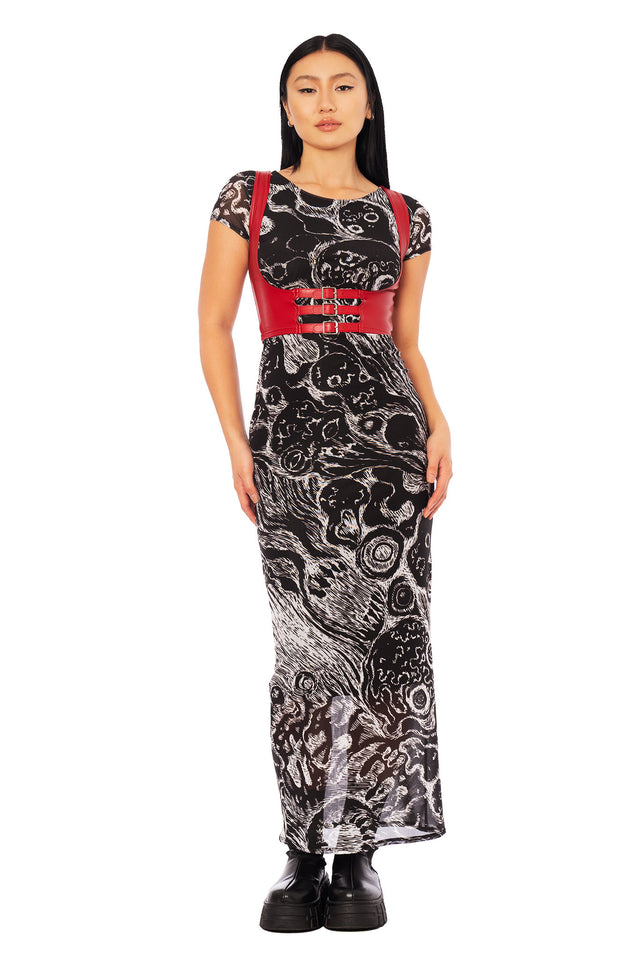 Junji Ito x BlackMilk Death Stench Carnival sheer short sleeve column maxi dress inspired by Gyo, black and white anime mesh dress featuring spreading horror manga artwork in Japanese alternative fashion.