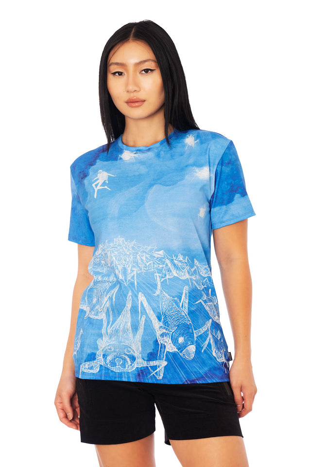 Junji Ito x BlackMilk Going Ashore boyfriend tee inspired by Gyo, blue ocean anime graphic t-shirt featuring biomechanical fish and death stench artwork in Japanese horror streetwear style.
