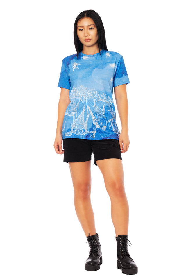 Japanese horror fashion boyfriend t-shirt inspired by Junji Ito Gyo, ocean blue anime tee with white linework mechanical sea life artwork.