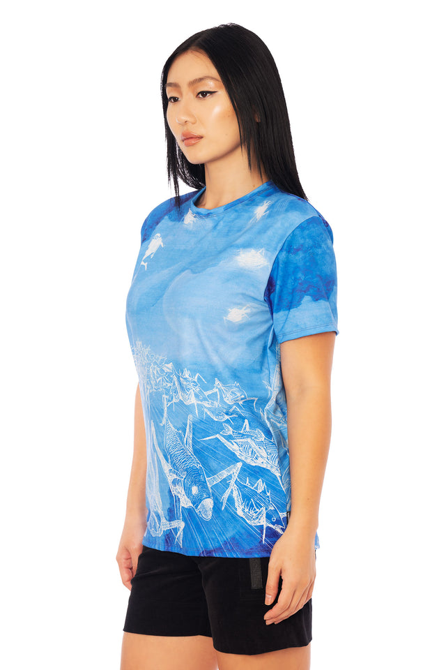 Junji Ito Gyo anime graphic tee in boyfriend fit silhouette, blue manga print shirt with biomechanical fish and spreading death stench illustration.