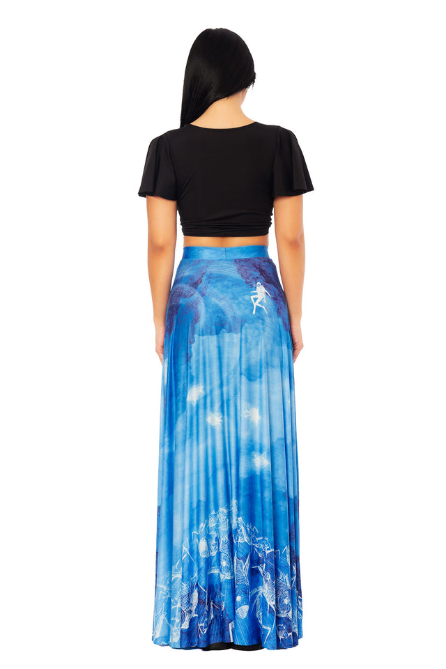 Junji Ito Gyo maxi skirt in vivid ocean blue tones, long flowing silhouette with biomechanical sea life, diver illustration and Japanese alternative horror streetwear design.