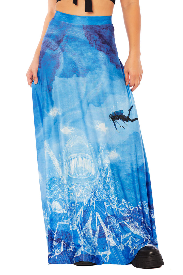 Junji Ito anime maxi skirt for women from the BlackMilk collaboration, blue gradient ocean scene with biomechanical sea creatures and deep sea diver horror illustration.