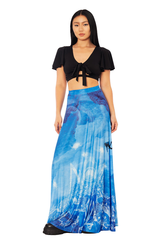 Gyo-inspired blue maxi skirt from the Junji Ito x BlackMilk collaboration, flowing anime fashion for women with mechanical fish, death stench storyline and underwater horror manga print.