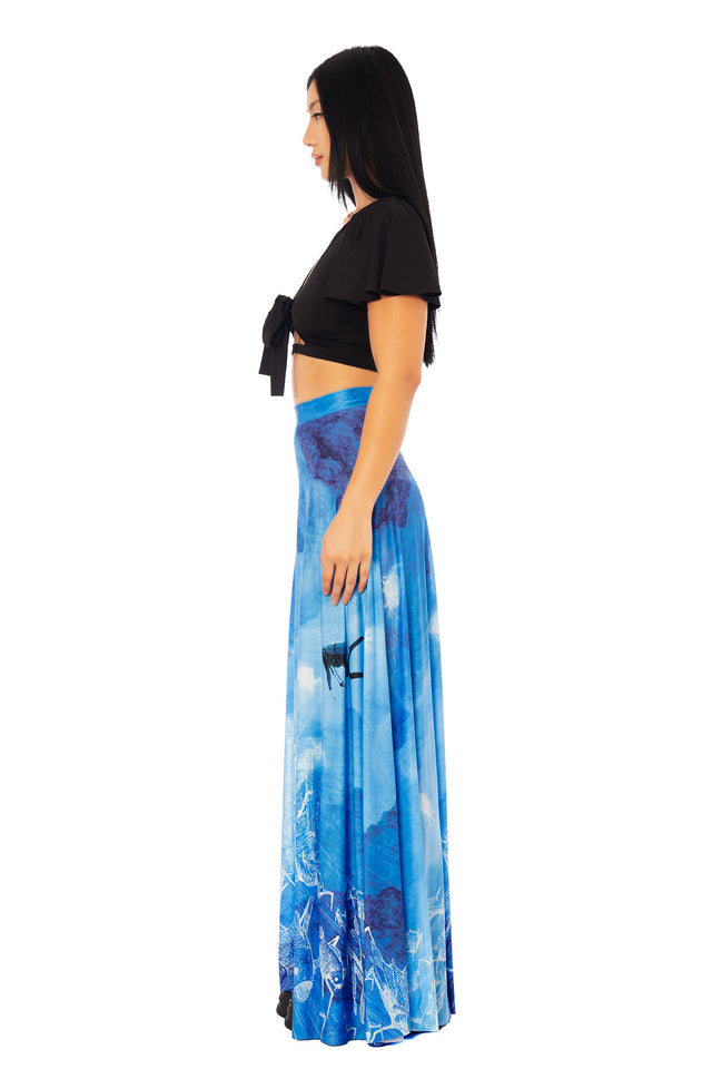 Japanese horror manga clothing inspired by Junji Ito Gyo, Going Ashore maxi skirt featuring underwater mechanical creatures and death stench ocean artwork in anime street fashion style.
